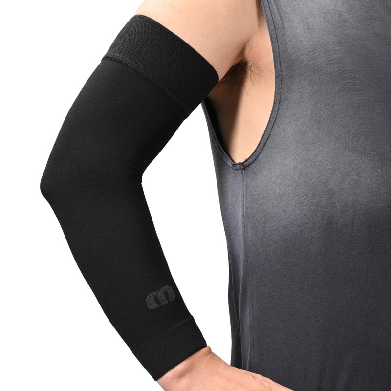 MGANG Lymphedema Compression Arm Sleeve for Women Men Opaque 1520 mmHg Compression Full Arm Support with Silicone Band Relieve Swelling Edema Post Surgery Recovery Single Black M